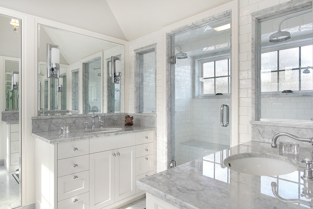 DDBuild-A English white and gray marble custom master bath remodel